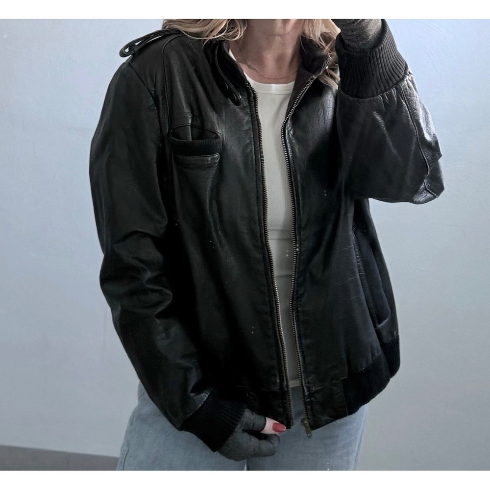 Cooper Collection Bomber Cafe Racer Biker Leather Black Jacket Size Men's 44 - Picture 2 of 16